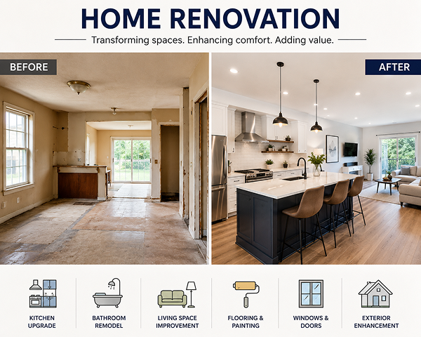 Home renovation before-and-after with key types