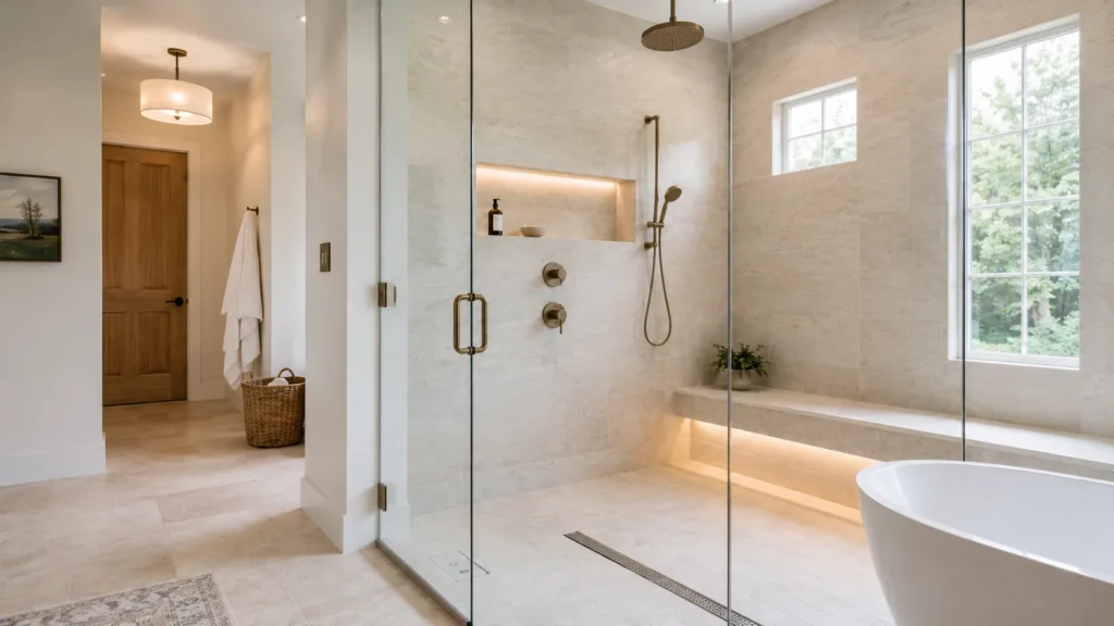 Modern Walk-in Shower Bathroom Design with Glass Partition
