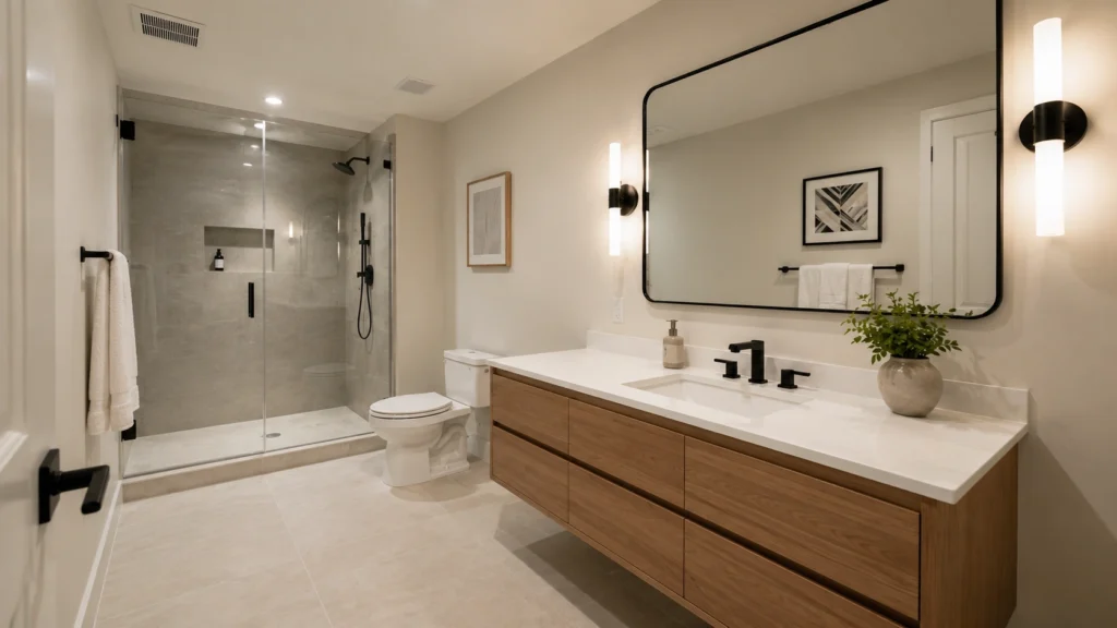 contemporary-basement bathroom design modern fixtures