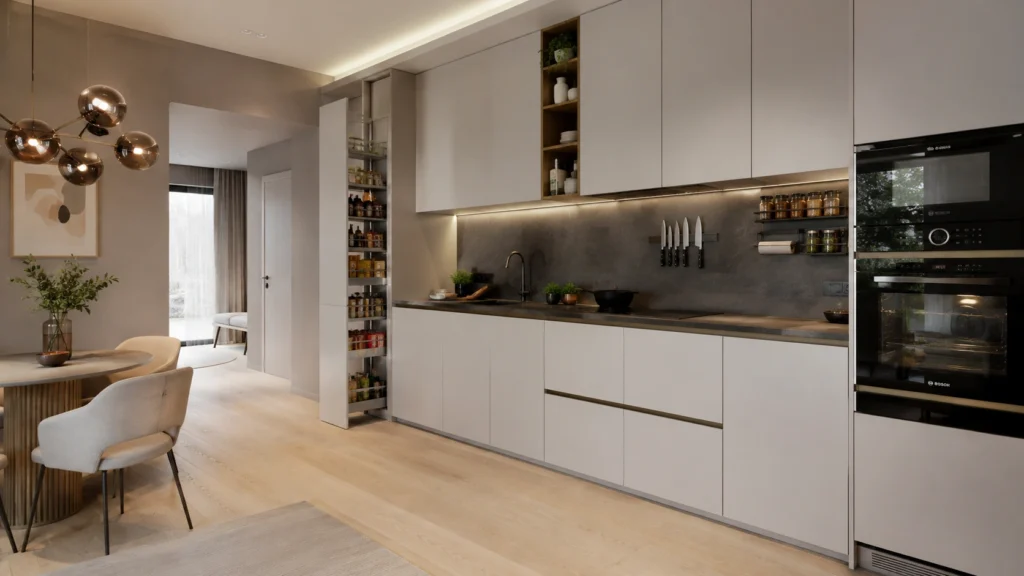 contemporary small kitchen pull out pantry
