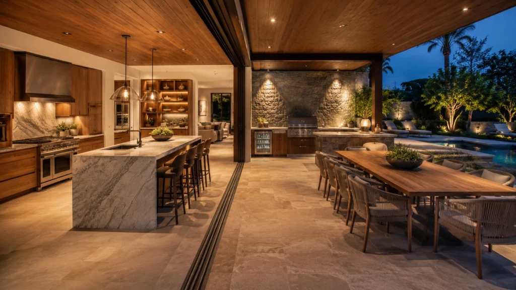 indoor outdoor kitchen dining lounge area