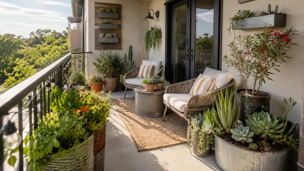 modern balcony garden design cozy seating