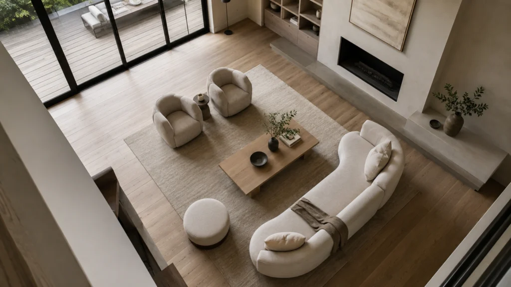 modern minimalist living room soft seating layout