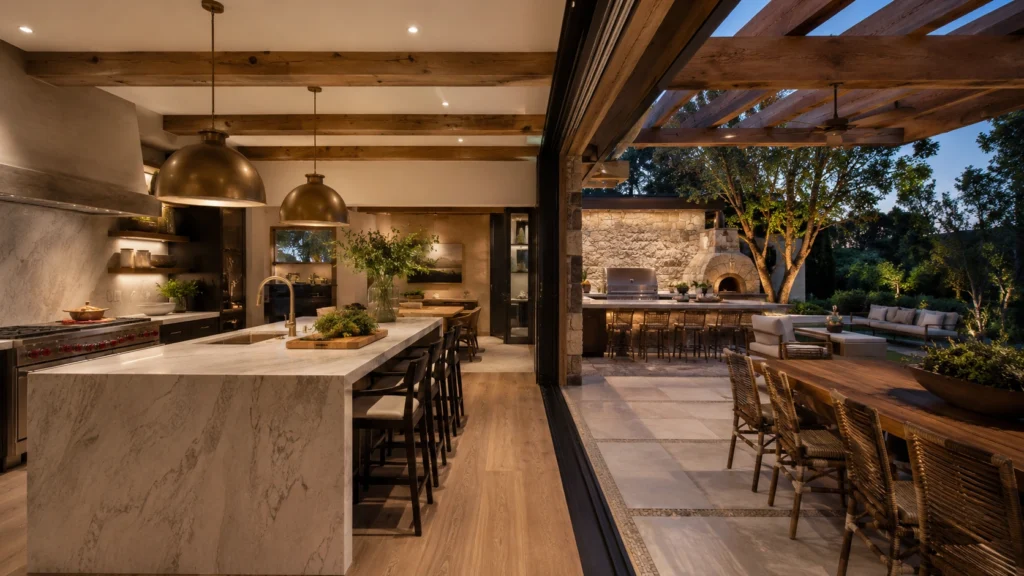 rustic indoor outdoor kitchen for entertaining