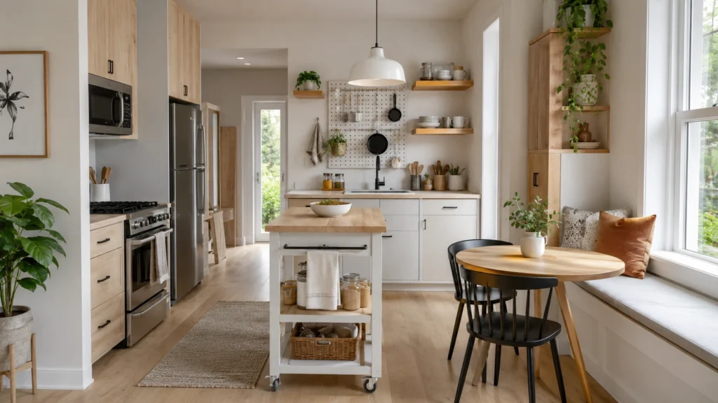 scandinavian small kitchen movable island