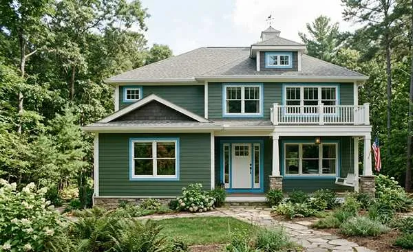 Green, celestial blue, and cotton white exterior