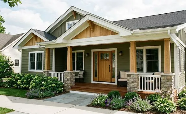 Olive green, oak & white exterior