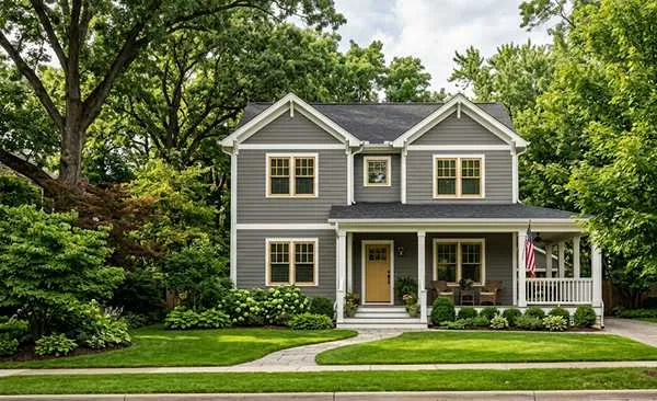 Submarine gray, dusty gold, & white exterior