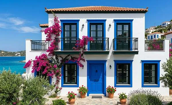 White and Mediterranean blue exterior