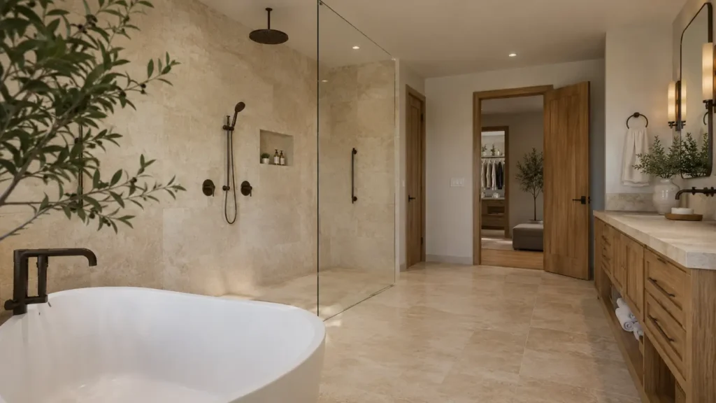 Elegant Wet Room Bathroom Design with Wooden Vanity