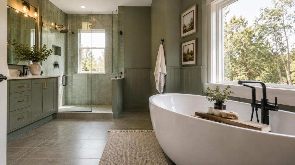 Luxury Green Bathroom Design with Walk-in Shower