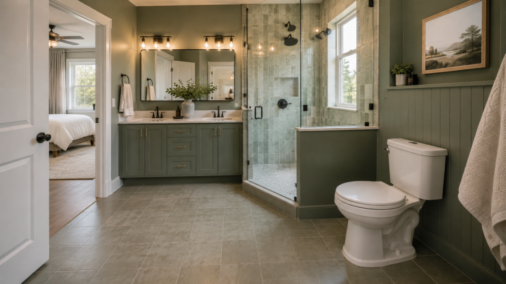 Small Green Bathroom Design with Decorative Mirror