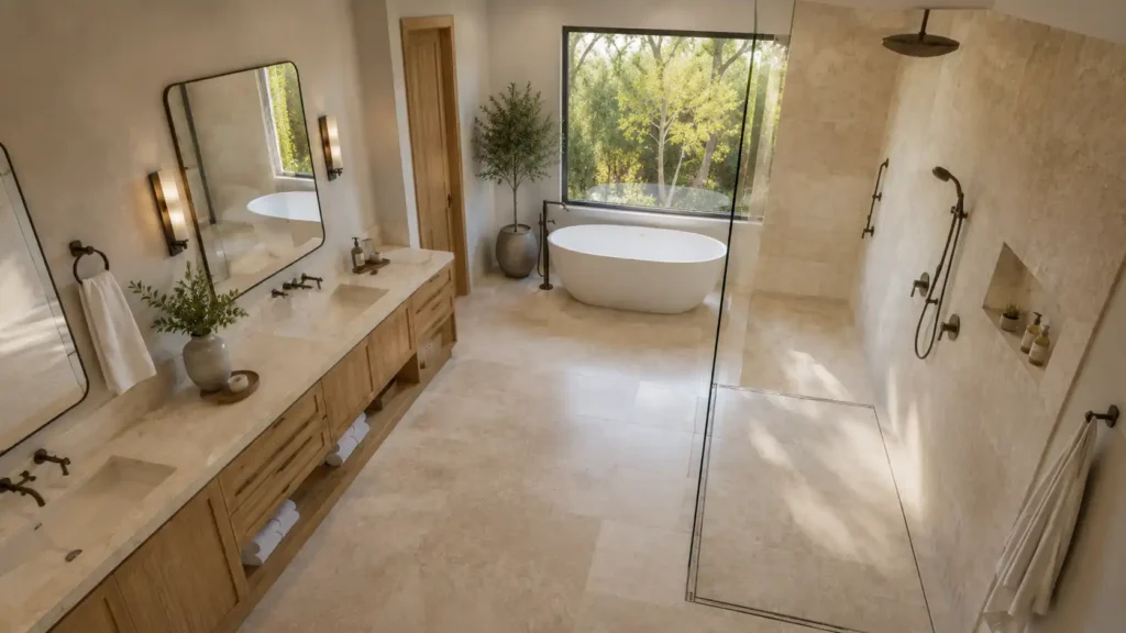 Small Wet Room Bathroom Design with Natural Décor