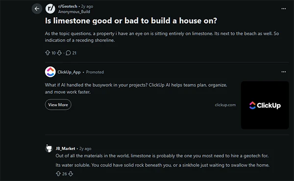 Beware: If there is a property entirely built on limestone ground and you want to buy it, make sure you consult an expert before investing. JB_Market says that limestone is water-soluble. And, therefore, there might be a sinkhole that can swallow the house in the worst-case scenario. Refer to the screenshot below.