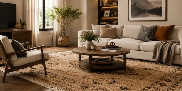 Patterned area rug defining the seating area in a living room