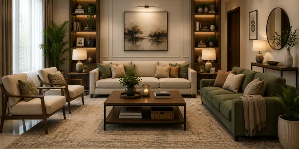 Balanced living room layout with two sofas facing a wooden coffee table