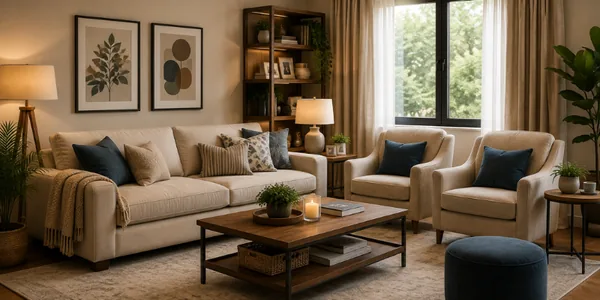 Comfortable seating in a living room with a beige sofa, armchairs and cushions
