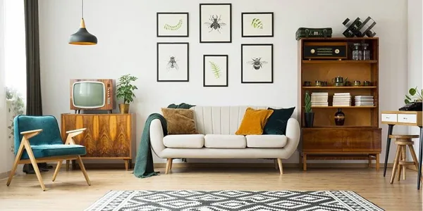 Decorative accessories such as wall art, cushions and retro decor in a living room