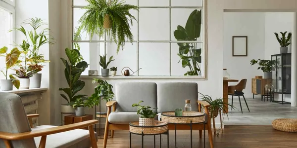 Indoor plants arranged around a bright living room with hanging and potted greenery