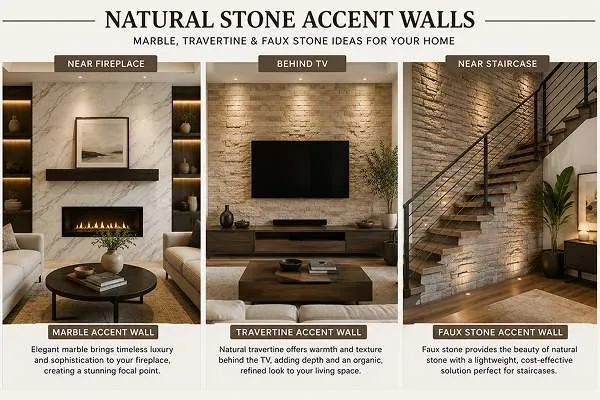 Natural Stone Living Room Accent Wall Ideas 