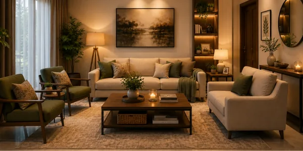 Living room with layered lighting from floor lamps, table lamps and accent lights