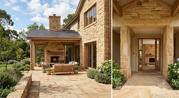 Sandstone-based home exterior and porch  