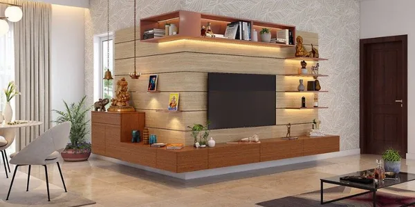 Built-in wall storage unit with shelves and cabinets in a living room