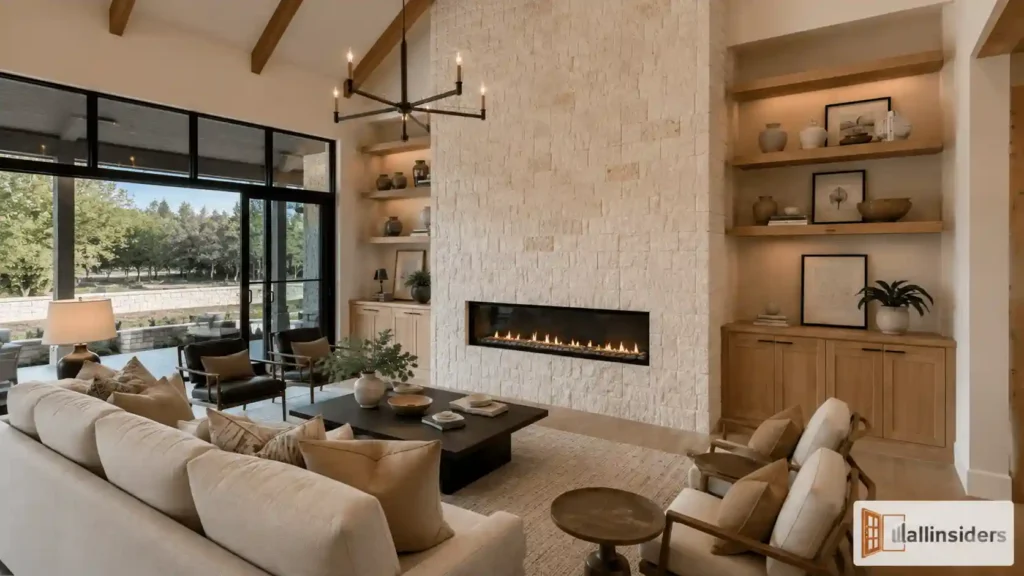 Contemporary Living Room Fireplace Design with Built-In Shelves