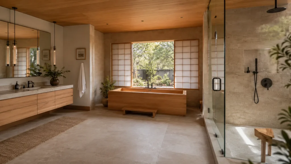 Elegant Japanese Bathroom Design with Wooden Vanity