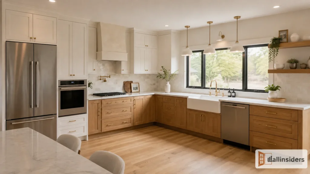 Elegant L-Shaped Kitchen Design with Warm Interiors