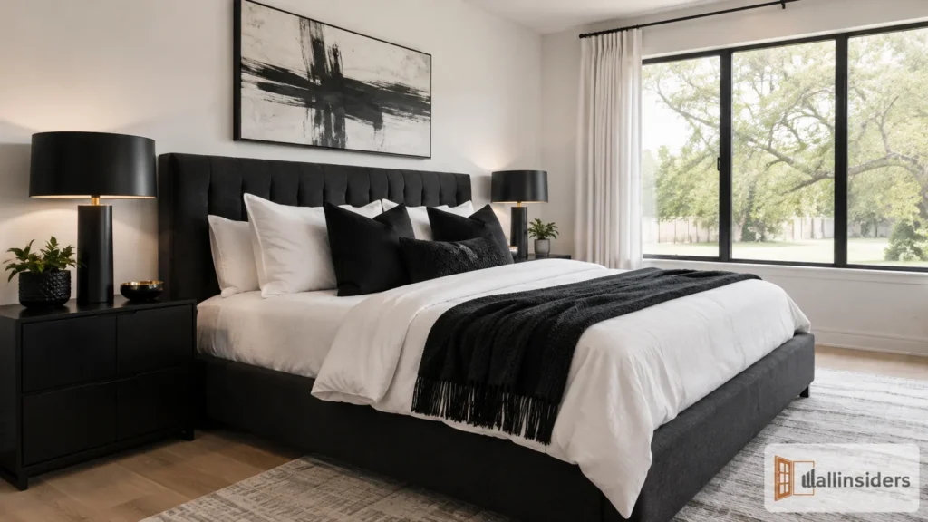 Luxury Black and White Bedroom Design with Modern Lighting