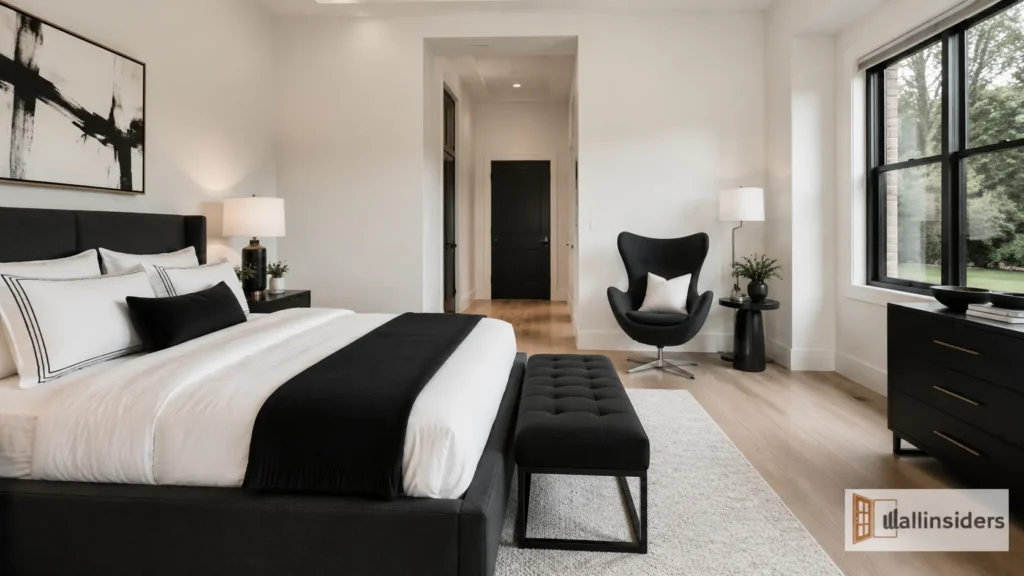 Small Black and White Bedroom Design with Decorative Wall Art