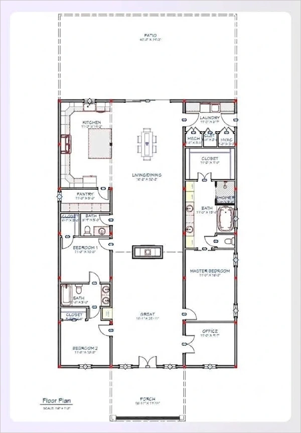 A monitor-style barndominium floor plan