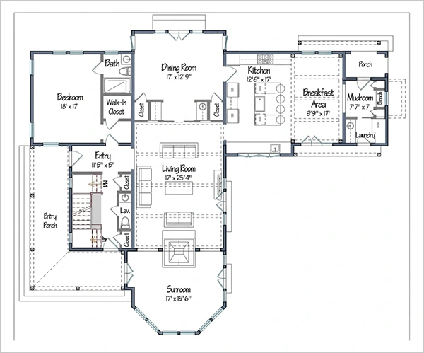 an L-shaped barndominium floor plan