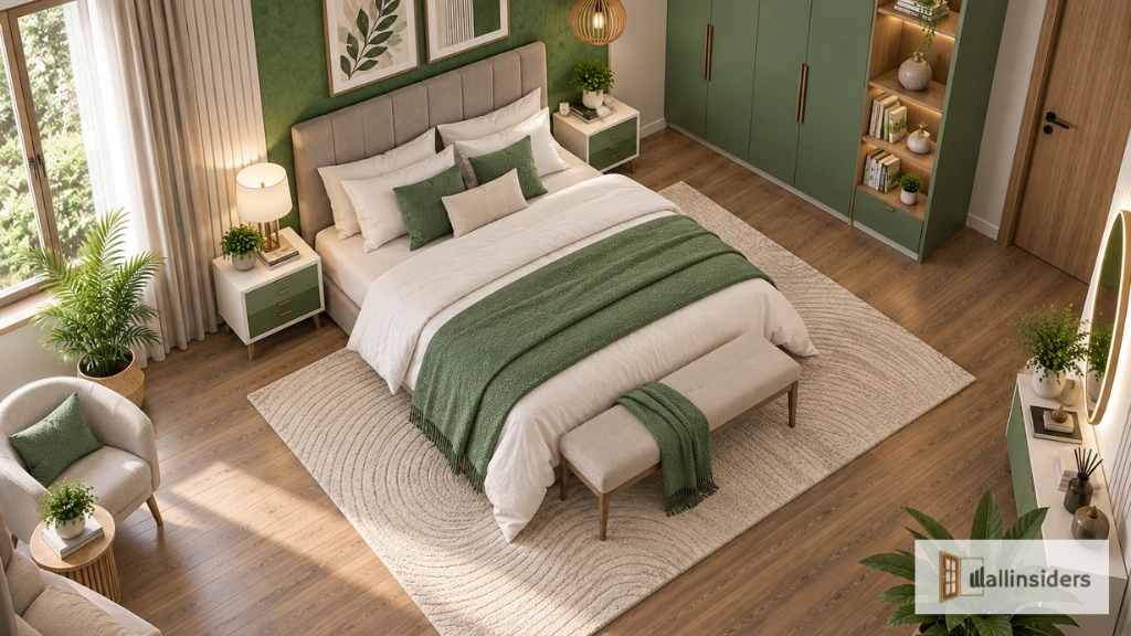 Contemporary Green Bedroom with Wooden Accents