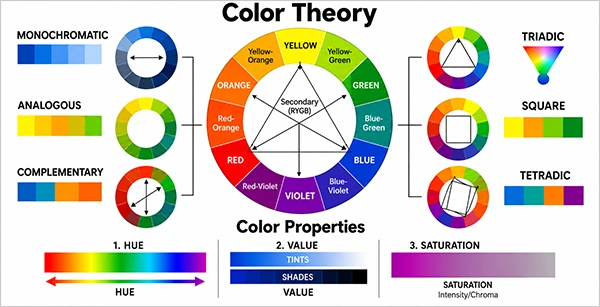 A Color Theory Chart explaining the color wheel its properties and color schemes