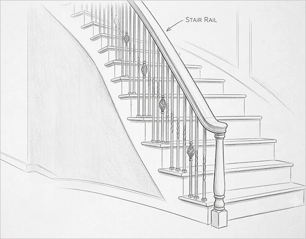A picture showing the stair rail on the staircase