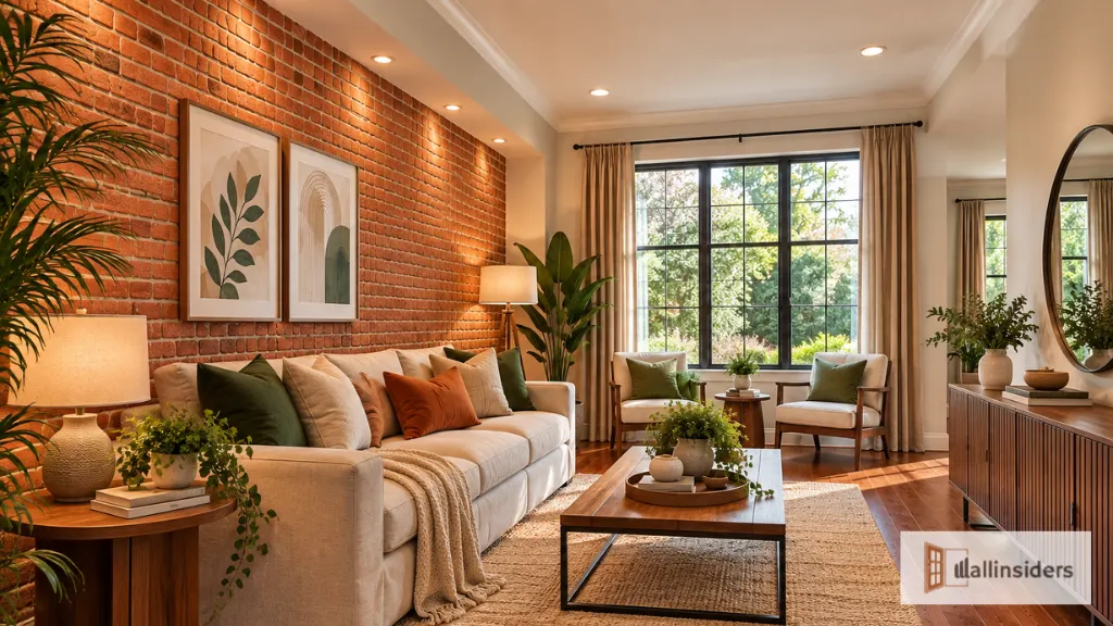 Elegant Exposed Brick Wall with Wooden Shelves