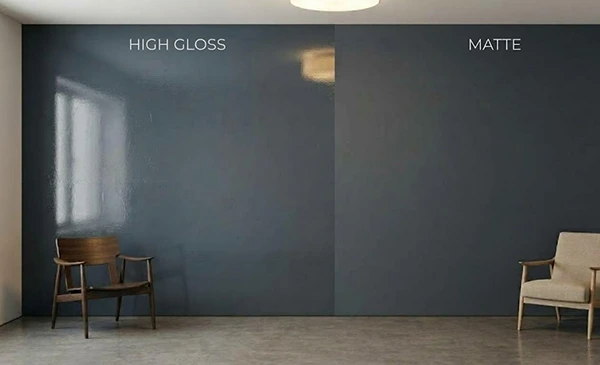 The side by side comparison of the high gloss finish and matte finish on the wall