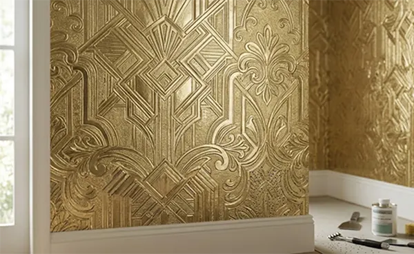 a metallic wallpaper covering on the wall