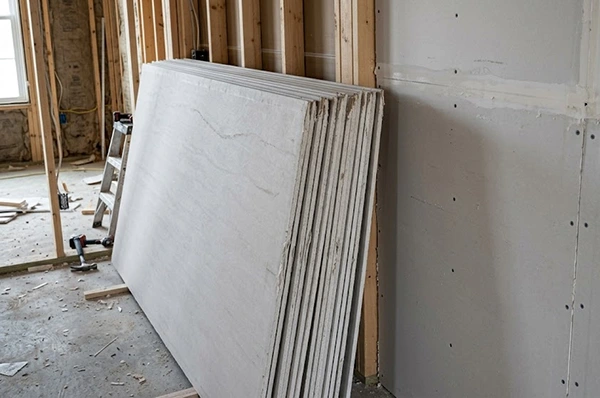 a set of drywall panels placed against the wall