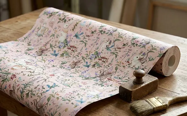 a traditional wallpaper placed on a table with some bush and tools on the side