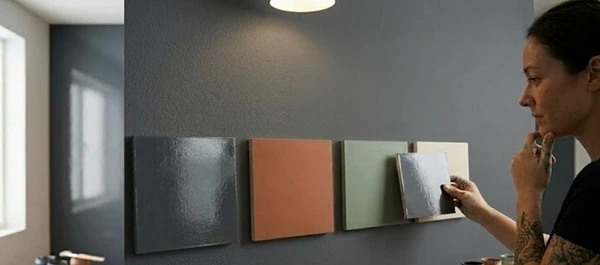 a woman thinking while watching the small foam boards of different colors on the wall